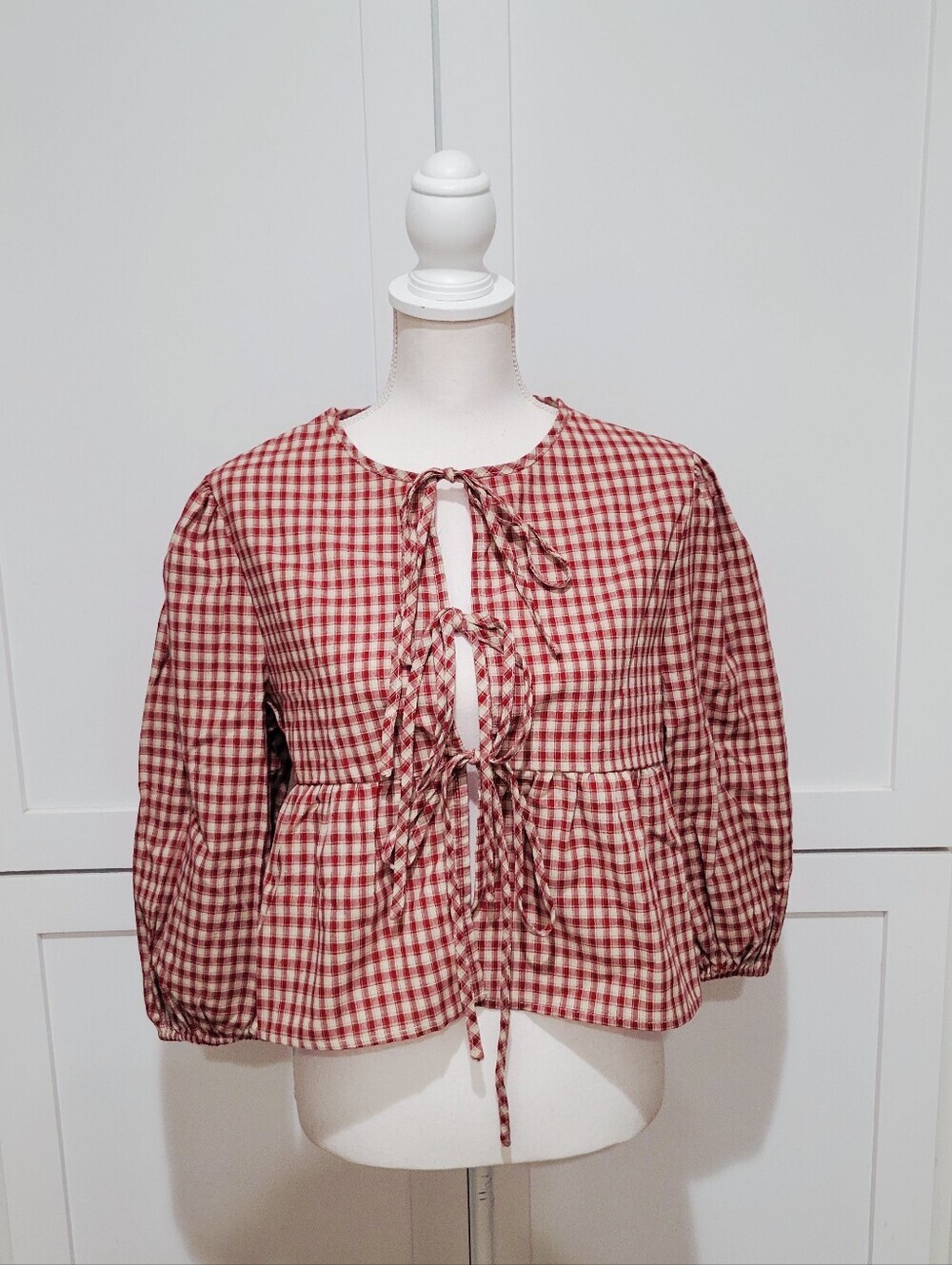 NWT Red & Cream Cottagecore Gingham Tie-Front Peplum Blouse | Size Medium